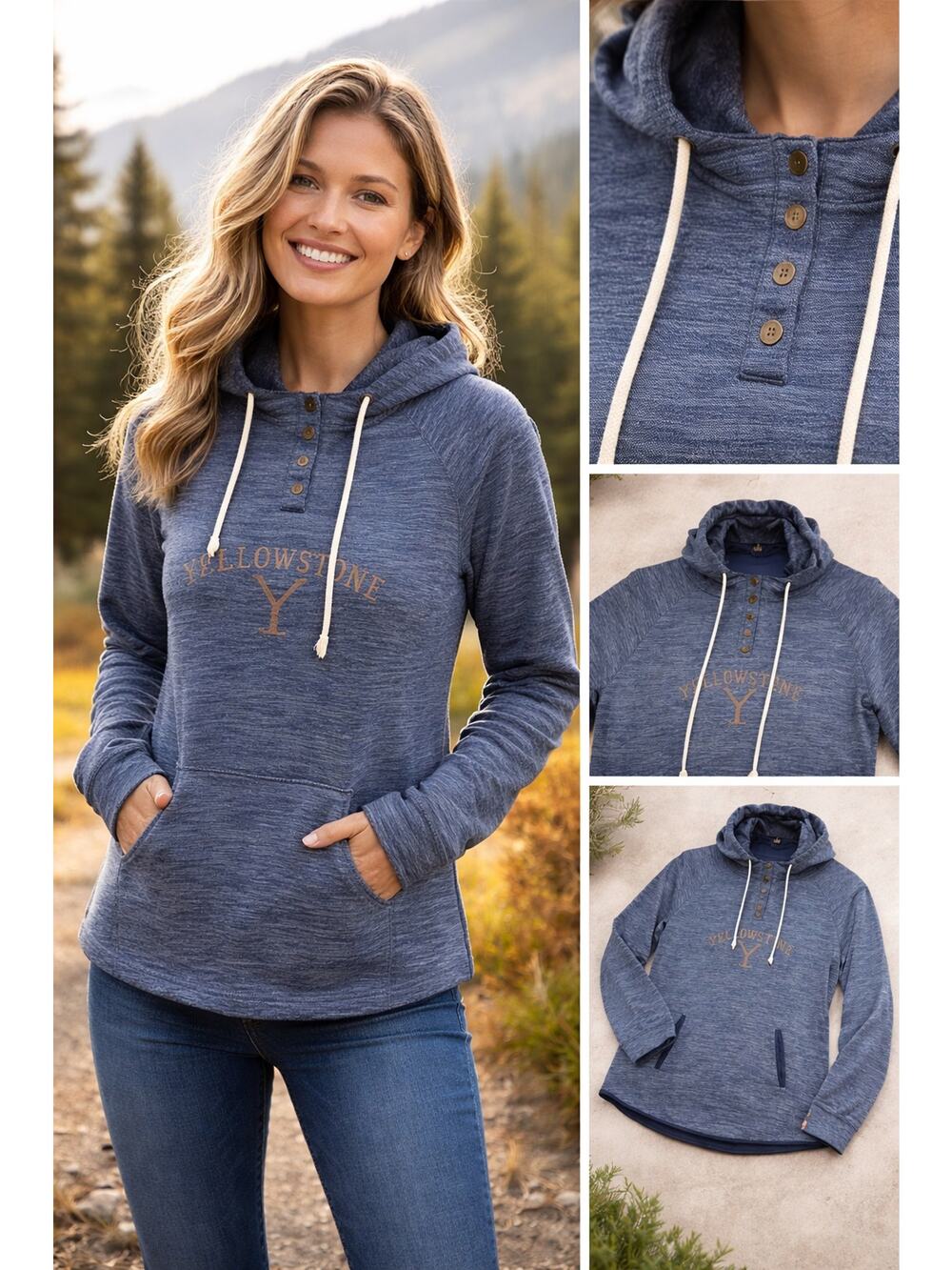 Yellowstone Hoodie Womens 2XL Blue Pullover Kangaroo Pocket Snap Neck